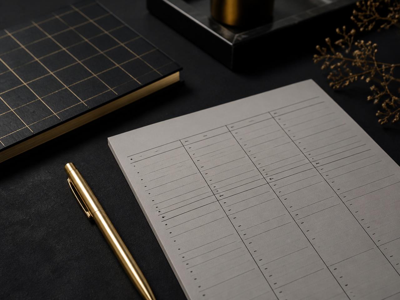 Caderno escuro com grade dourada, caneta e planilha de planejamento financeiro sobre mesa preta