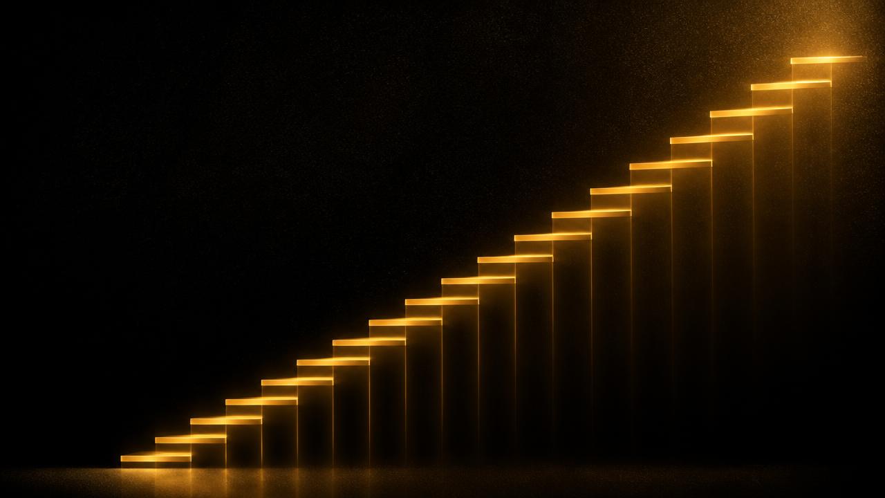 Escada de degraus de luz dourada em ascensão, representando evolução financeira constante